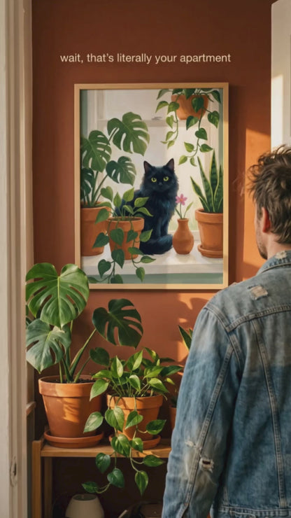 Wandbild für Pflanzenliebhaber – Gerahmtes Poster mit Katze und Zimmerpflanzen