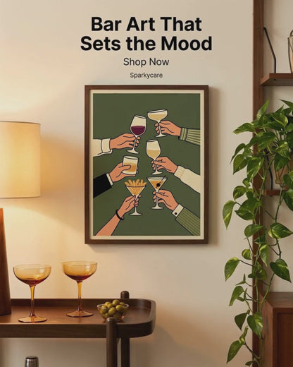 Retro Cheers Cocktail Toast Wall Art, Framed Bar Decor