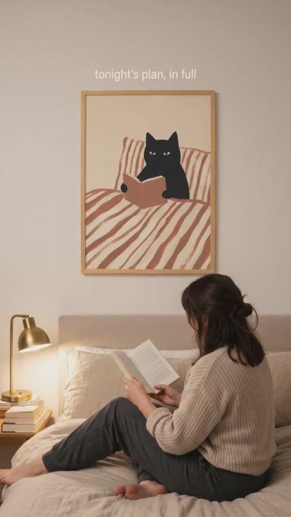 Cat Reading Poster - Framed Black Cat Art Print for Reading Nooks