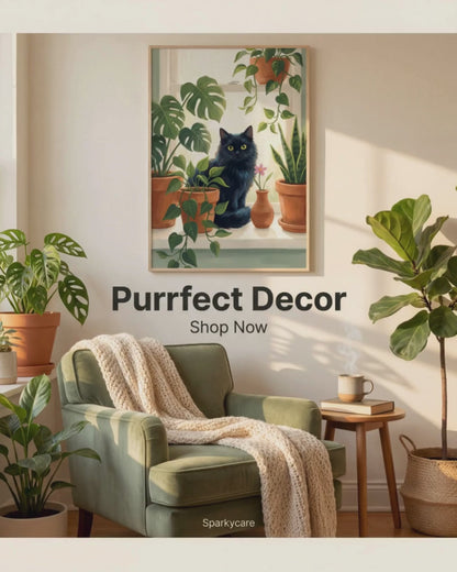 Muurdecoratie voor plantenliefhebbers — Ingelijste poster met kat en kamerplanten