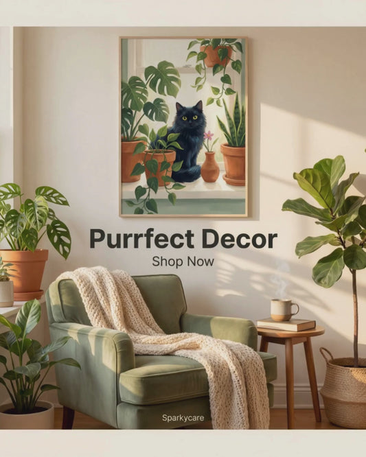Botanical Wall Art - Black Cat with Monstera and Houseplants, Framed Print