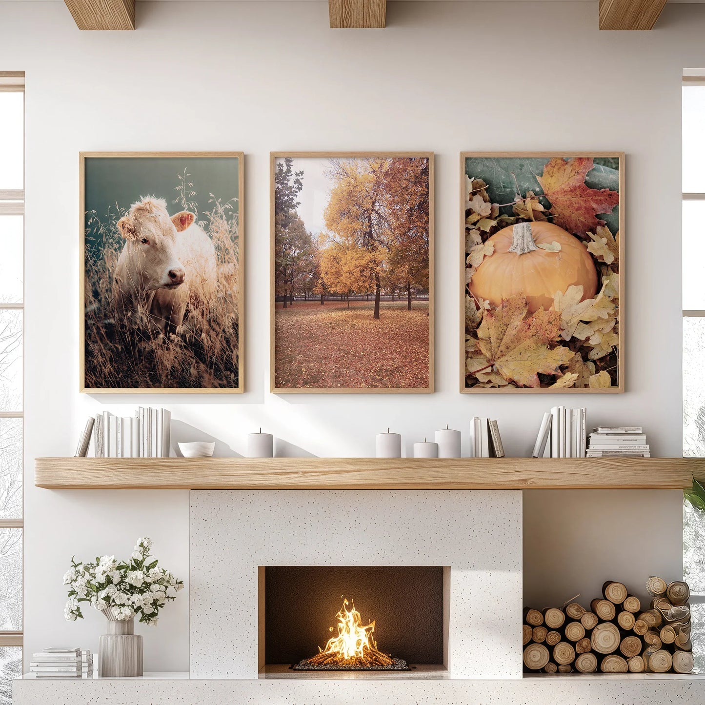 Autumn Farmhouse Wall Art Set of 3 Cow and Fall Prints