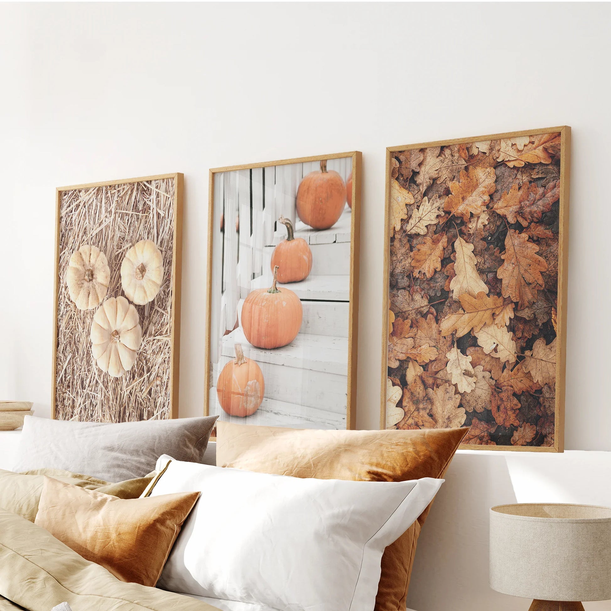 Set of 3 cozy fall pumpkins and autumn leaves wall art prints