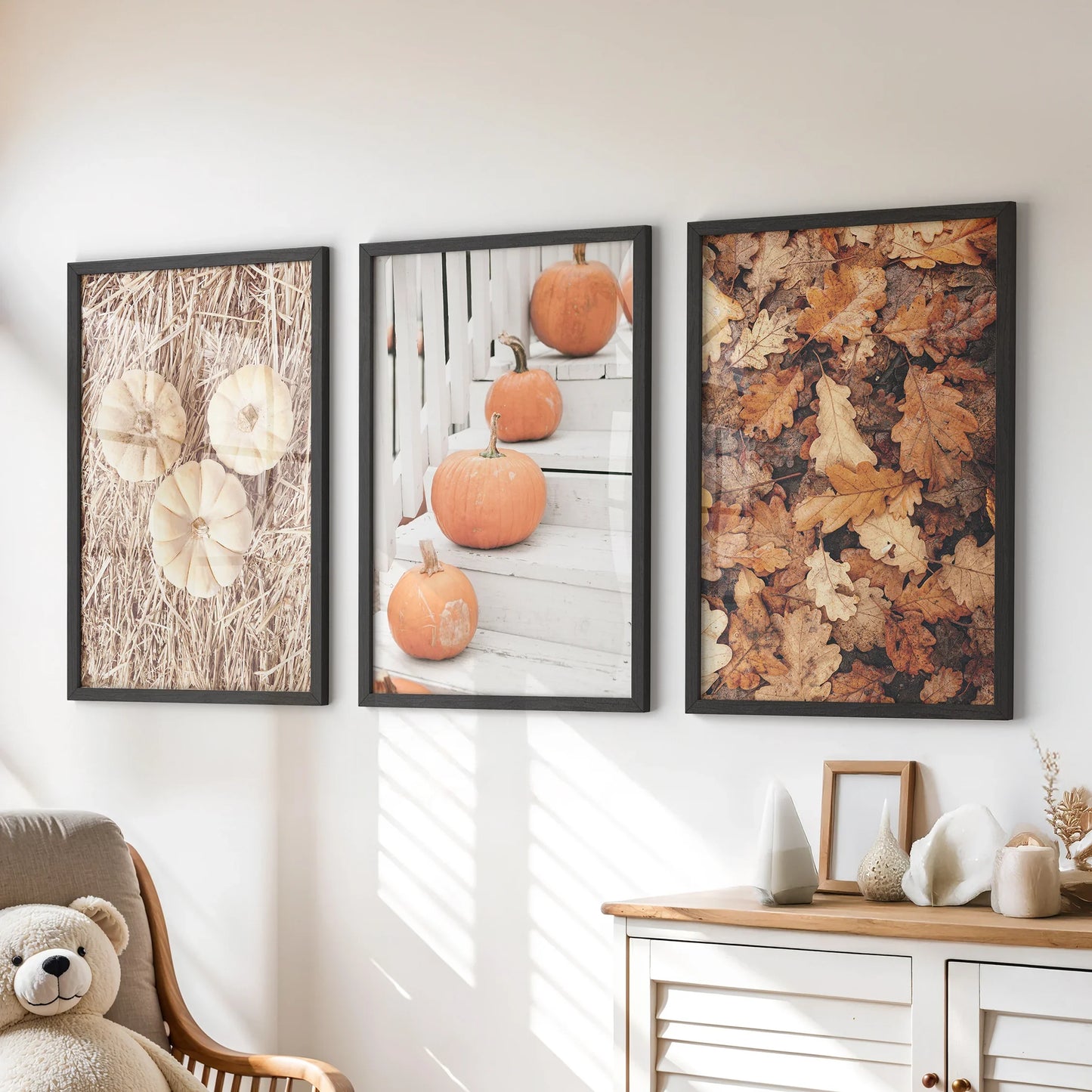 Cozy Fall Wall Art Set of 3 Pumpkins and Autumn Leaves