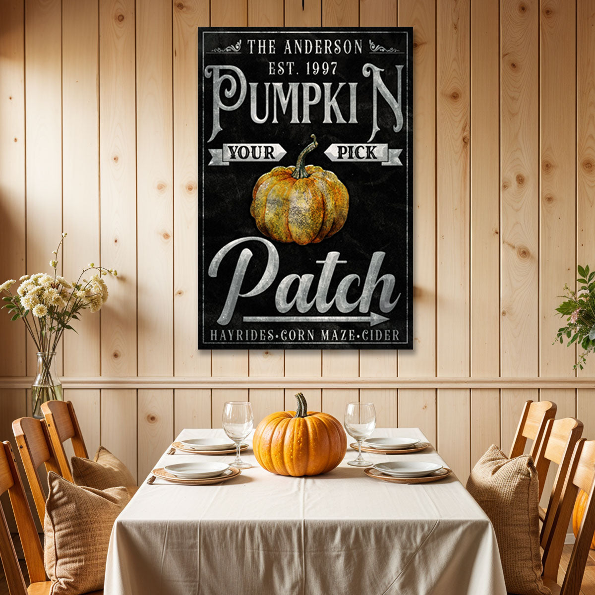 Vintage pumpkin patch Thanksgiving canvas wall art sign with autumn typography