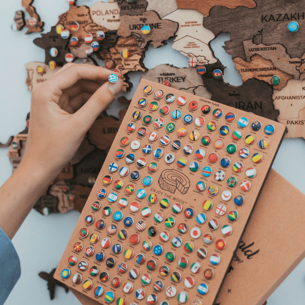 3D Wooden World Map Wall Art With Flag Pins