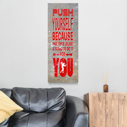 Push Yourself gym motivational canvas wall art, bold workout quote, framed and ready to hang