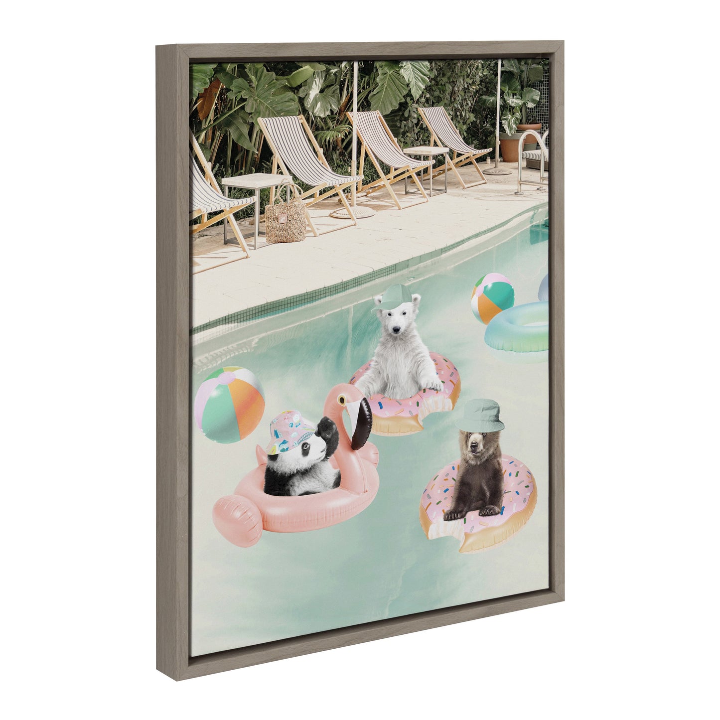 Whimsical pool party animals framed canvas wall art, ready to hang