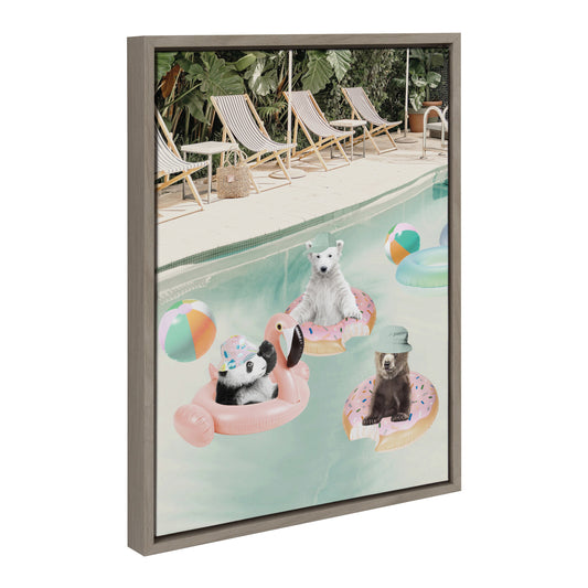 Whimsical pool party animals framed canvas wall art, ready to hang