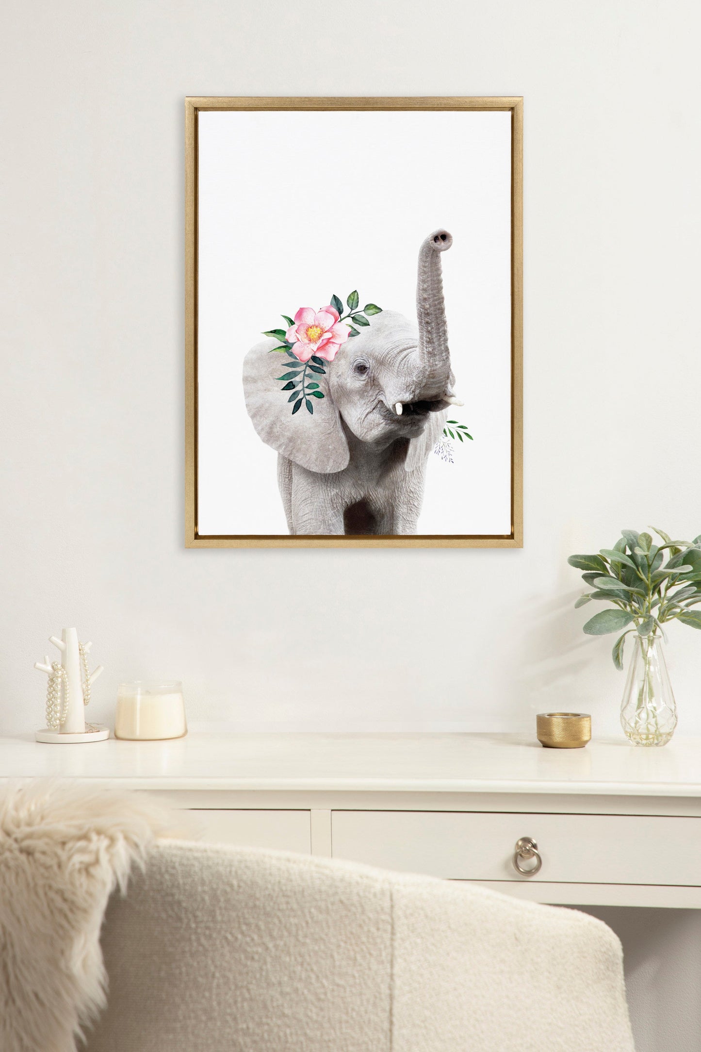 Flower Crown Elephant Framed Canvas Wall Art