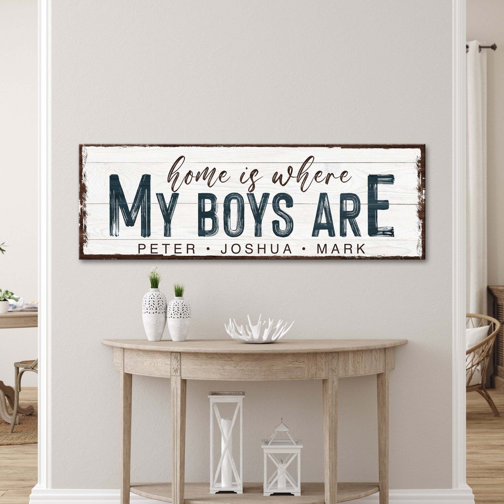 Home Is Where My Boys Are canvas wall art with heartfelt family typography on gallery-wrapped canvas