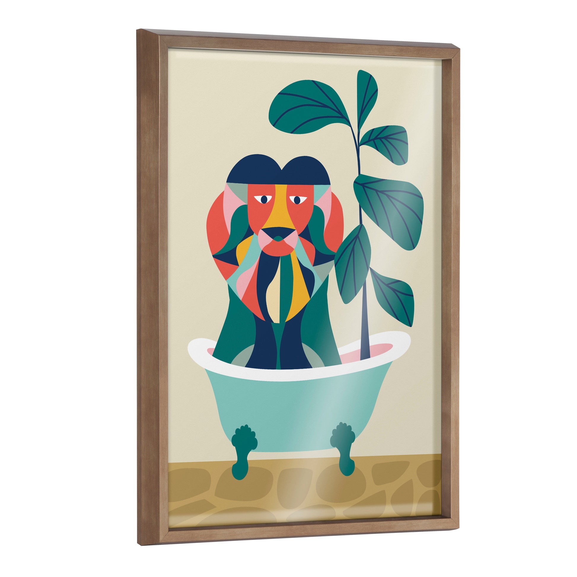 Funny mid century modern lion in a bathtub framed glass wall art