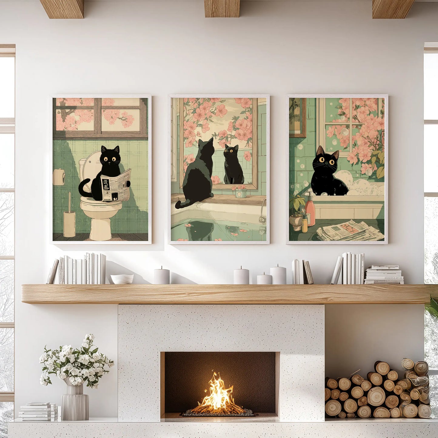 Funny Japanese Cat Bathroom Wall Art Set of 3