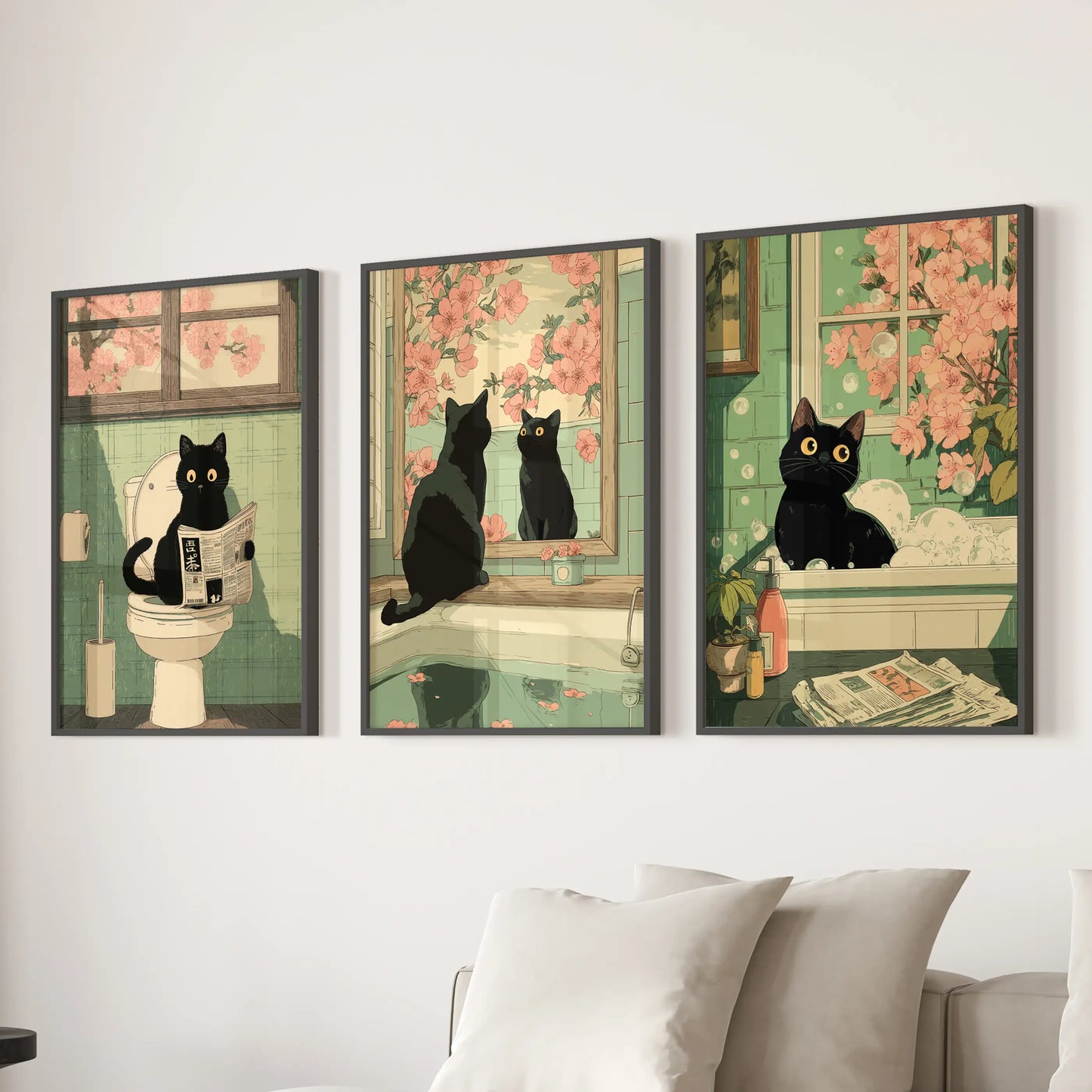 Funny Japanese Cat Bathroom Wall Art Set of 3