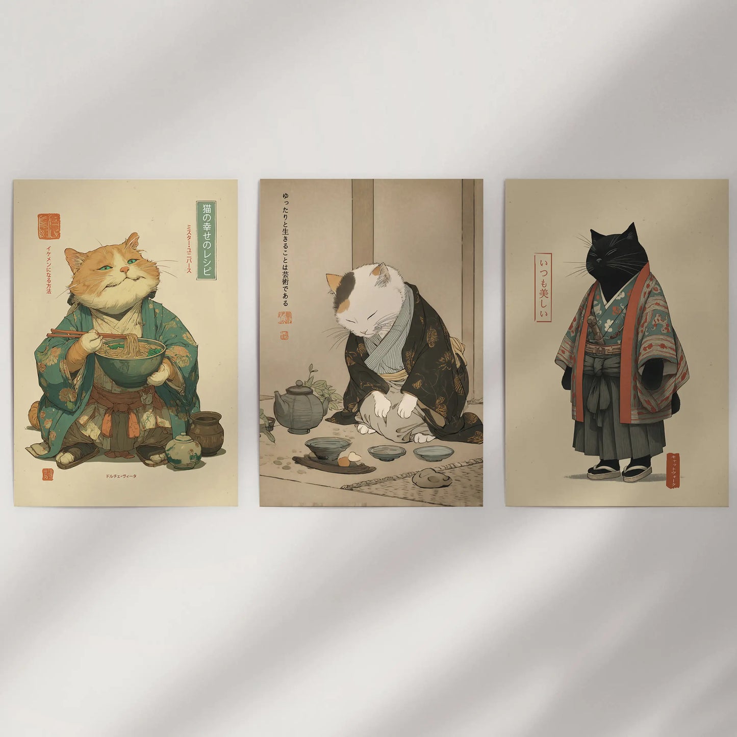 Japanese Ukiyo-e Cat Wall Art, Tea Ceremony Set of 3