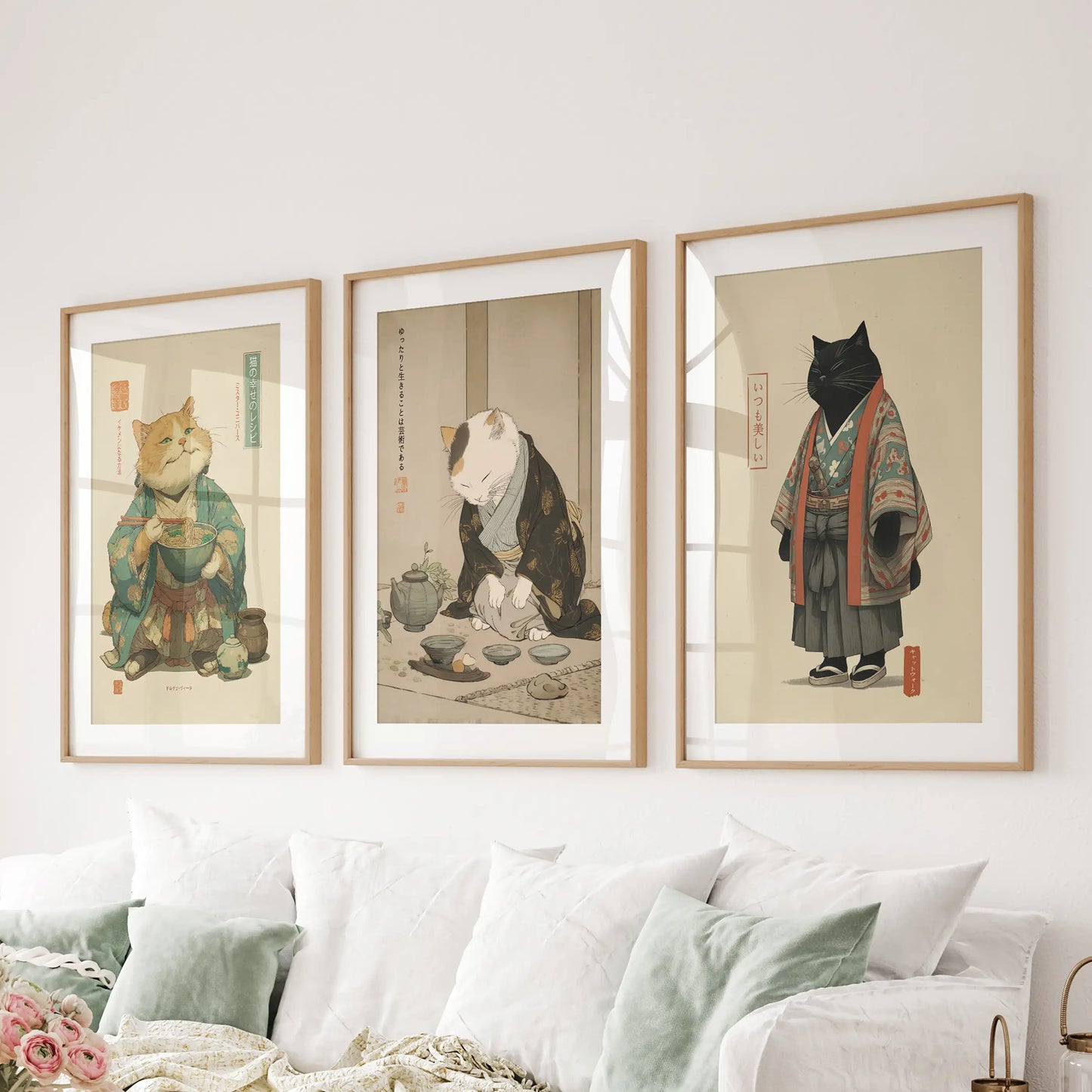 Japanese Ukiyo-e Cat Wall Art, Tea Ceremony Set of 3