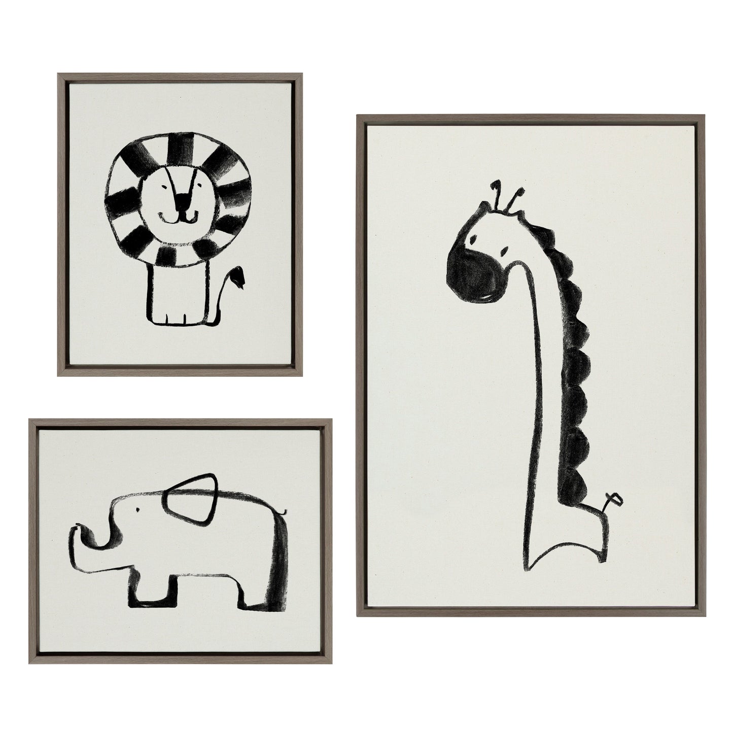 Giraffe lion and elephant black and white framed canvas set of three