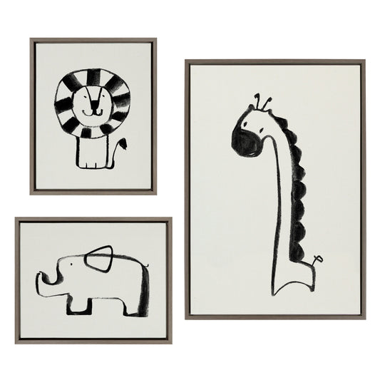 Giraffe lion and elephant black and white framed canvas set of three