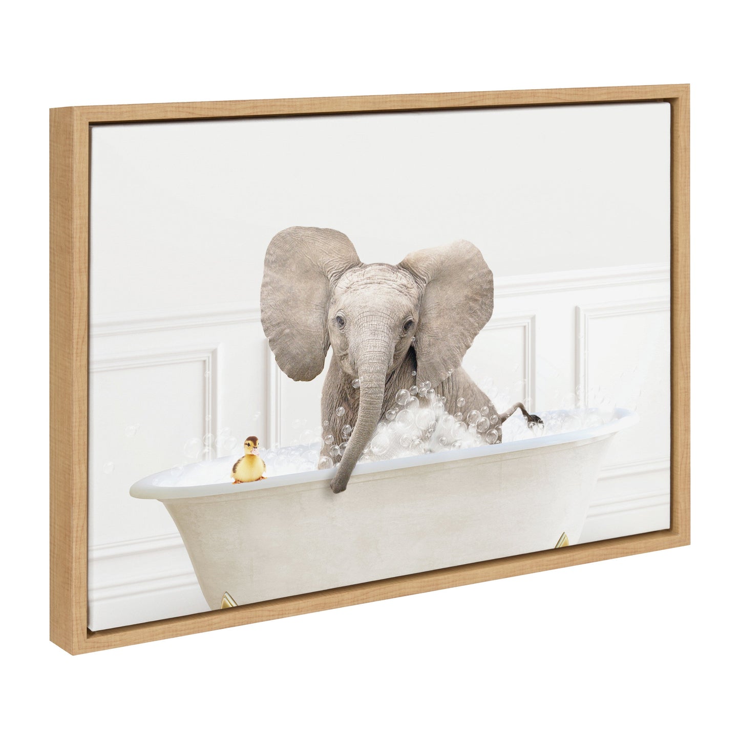 Baby elephant in a bubble bath framed canvas wall art for a bathroom