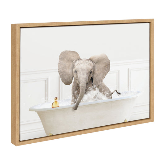 Baby elephant in a bubble bath framed canvas wall art for a bathroom