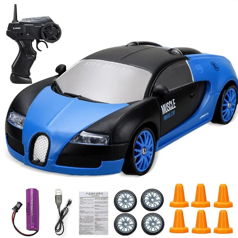 rc drift car blue black muscle style with remote control battery and traffic cones complete set
