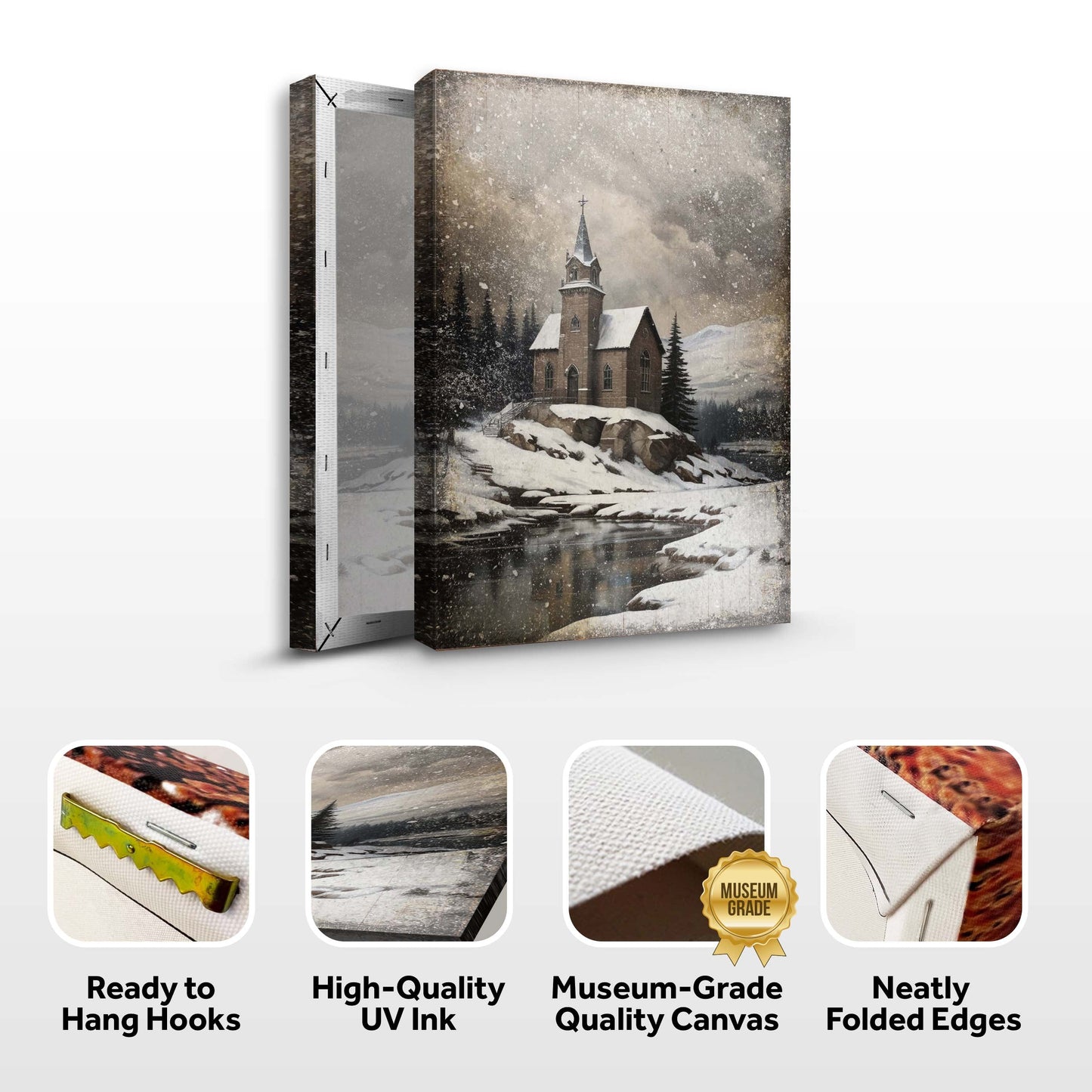 Vintage Church Christmas Canvas Wall Art