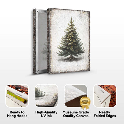 Evergreen pine tree canvas front and side, with text: Ready to Hang Hooks, High-Quality UV Ink, Museum-Grade Quality Canvas, Neatly Folded Edges