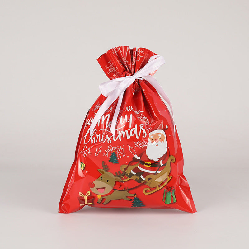 red Christmas foil gift bag with drawstring ribbon