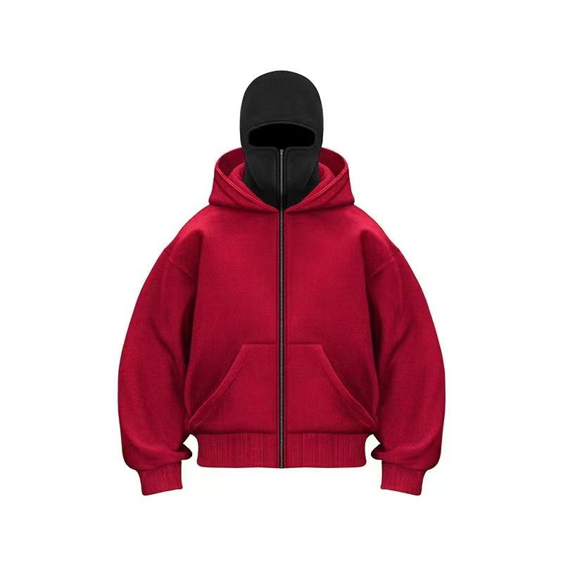 red balaclava zip hoodie with kangaroo pocket front view
