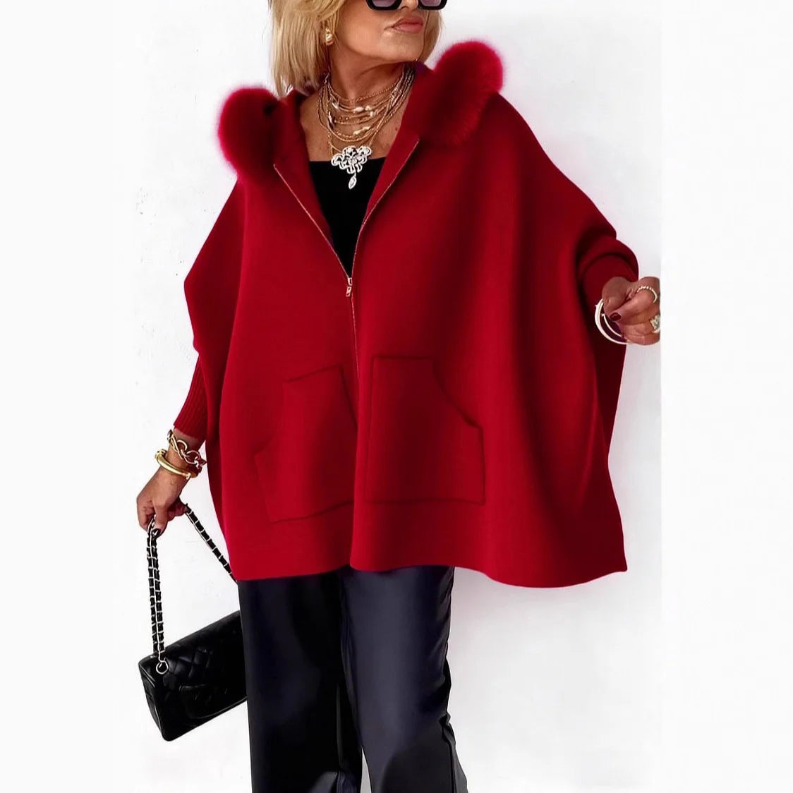 red faux fur trimmed cape jacket for women

