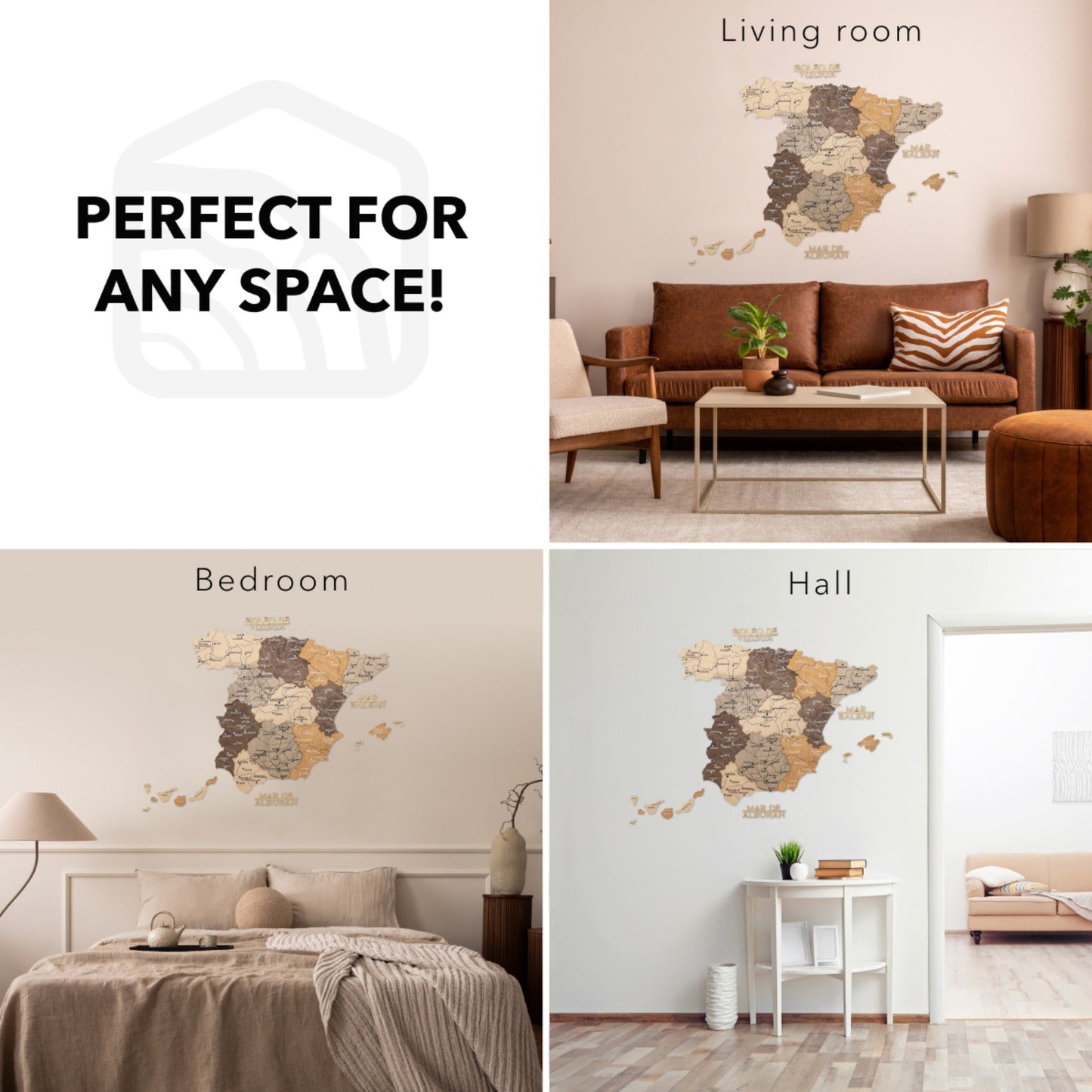 Wooden Map Of Spain Wall Art - Multicolor
