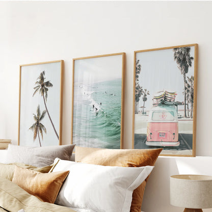 Tropical beach surf wall art set of 3, palm tree, ocean wave, and surf van in pastel tones