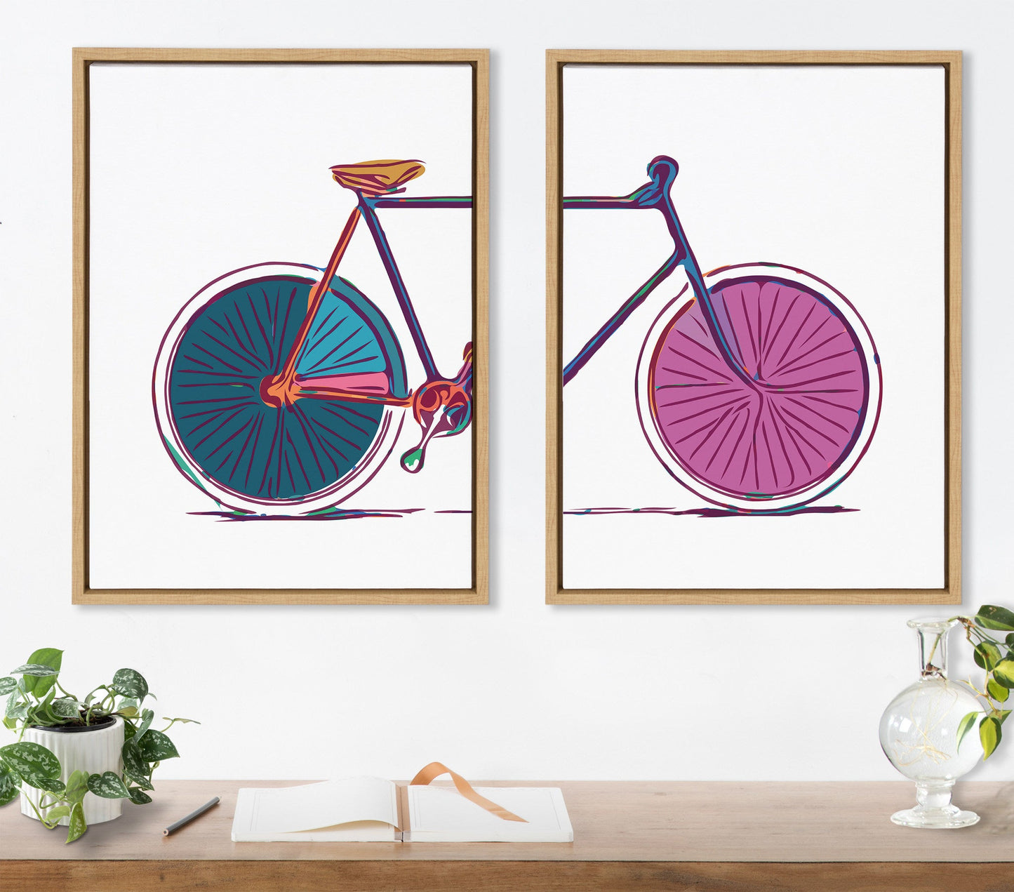 Sylvie Colorful Bike Left and Right Framed Canvas Set by Apricot and Birch