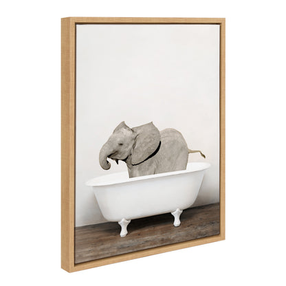 Baby Elephant in the Tub Framed Canvas Wall Art