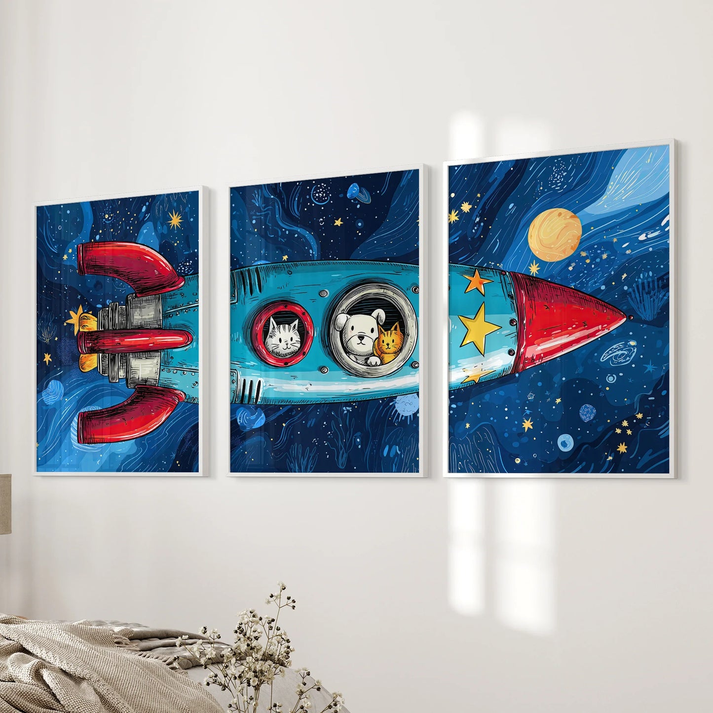 Outer Space Wall Art Set of 3 Rocket and Stars Nursery Prints