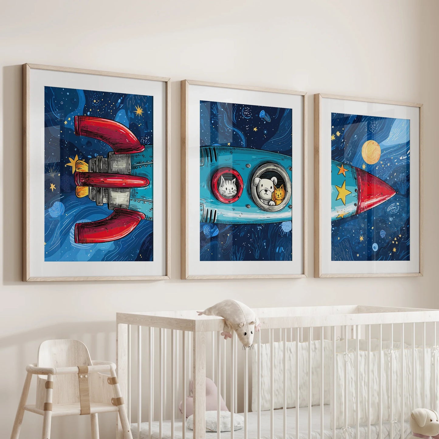 Outer Space Wall Art Set of 3 Rocket and Stars Nursery Prints