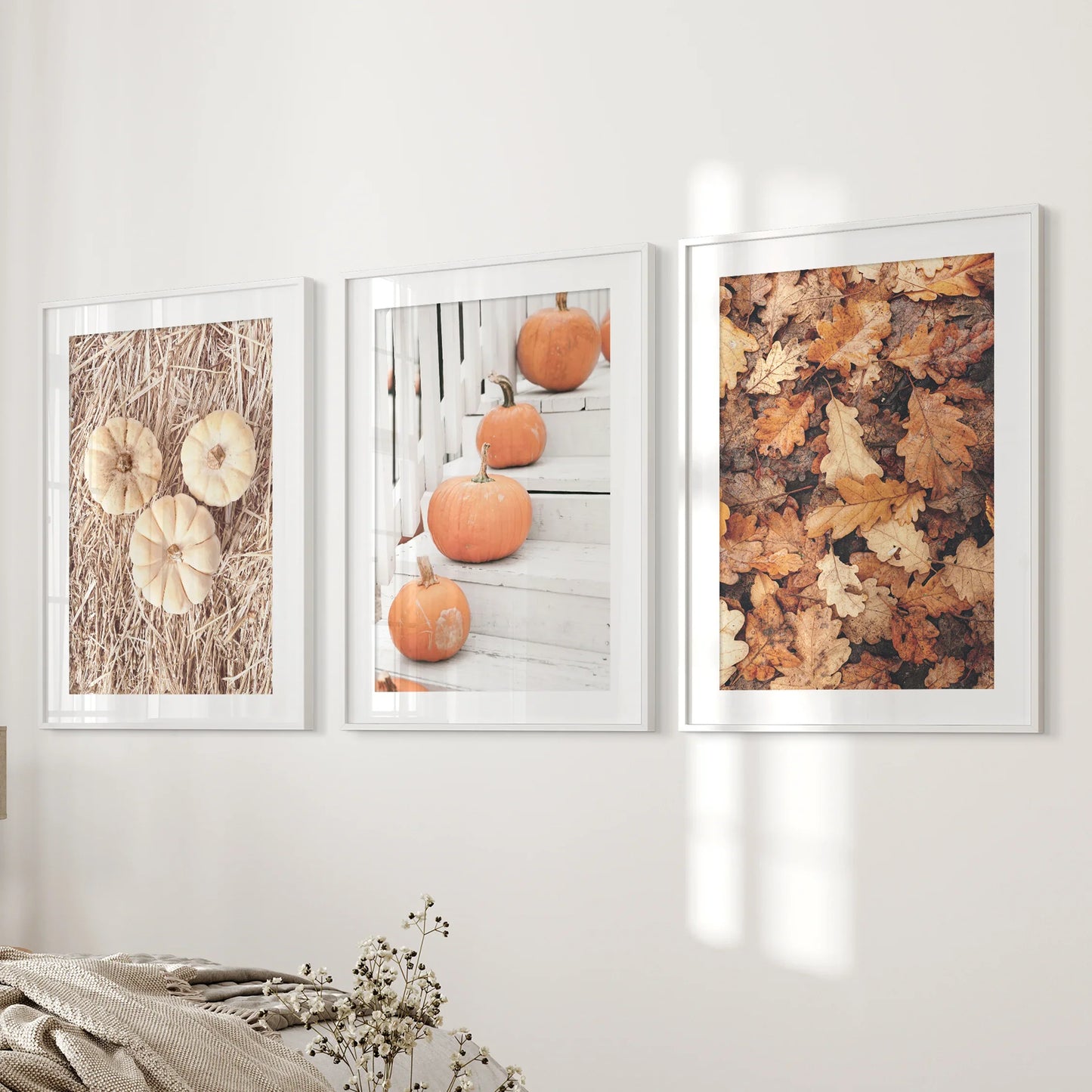 Cozy Fall Wall Art Set of 3 Pumpkins and Autumn Leaves