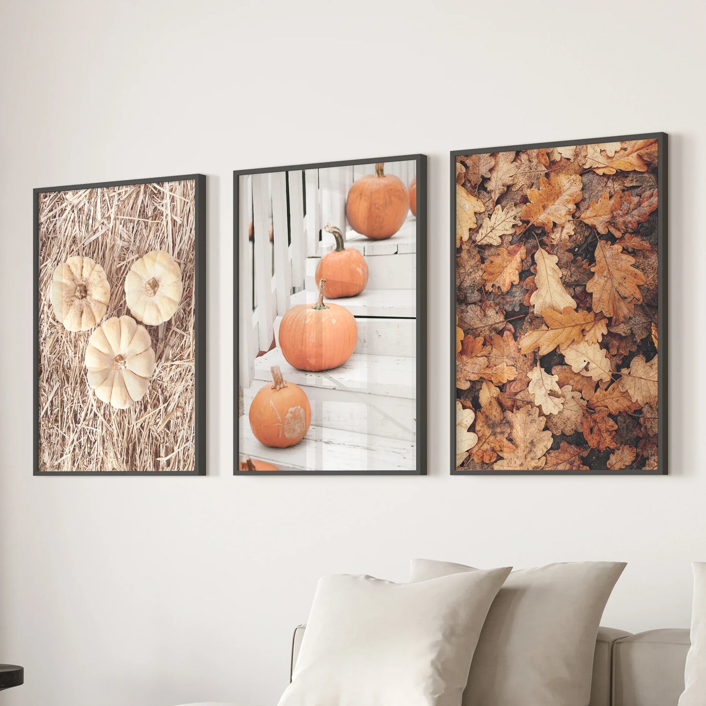 Cozy Fall Wall Art Set of 3 Pumpkins and Autumn Leaves