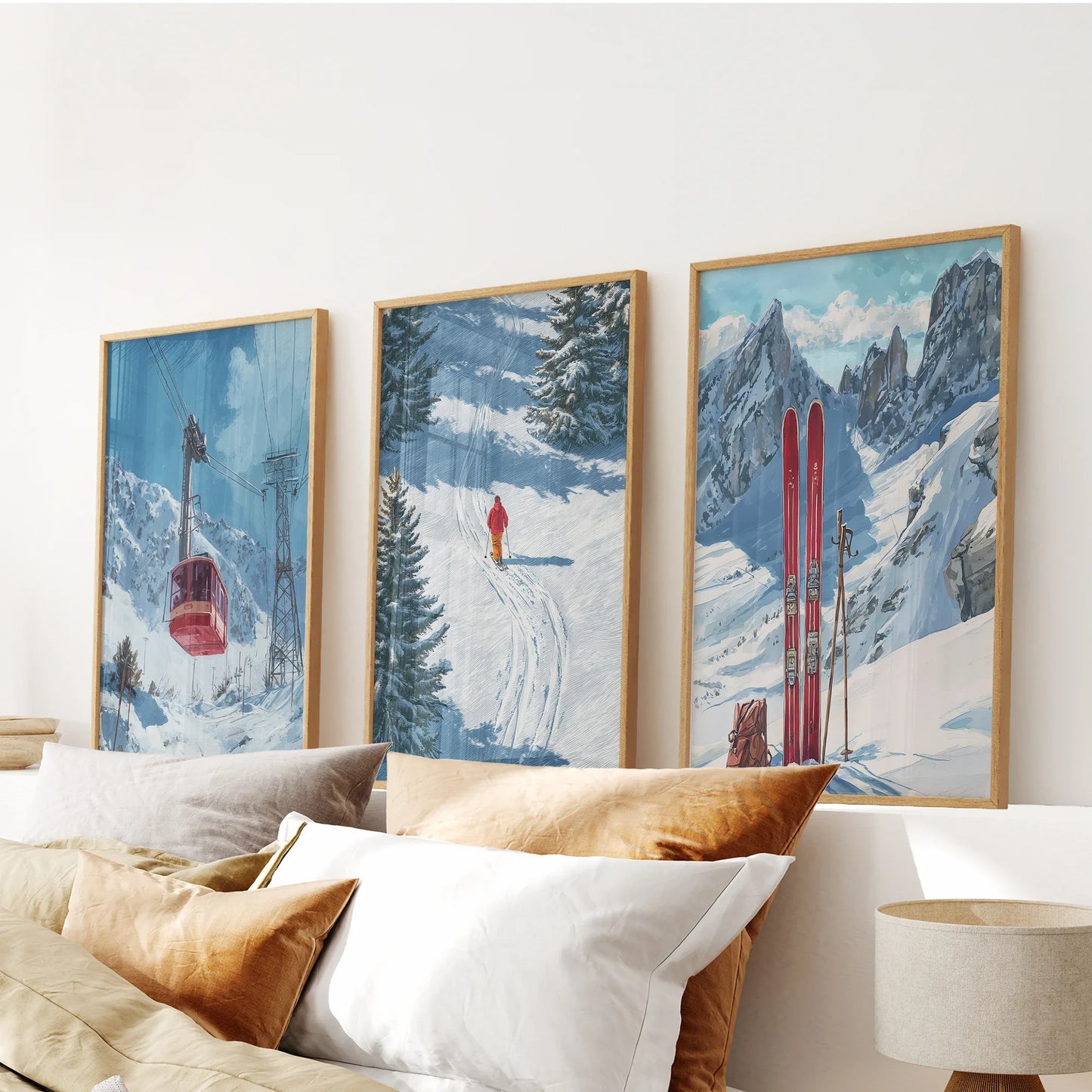 Snowy mountain ski 3 piece wall art set with gondola, skier, and vintage red skis