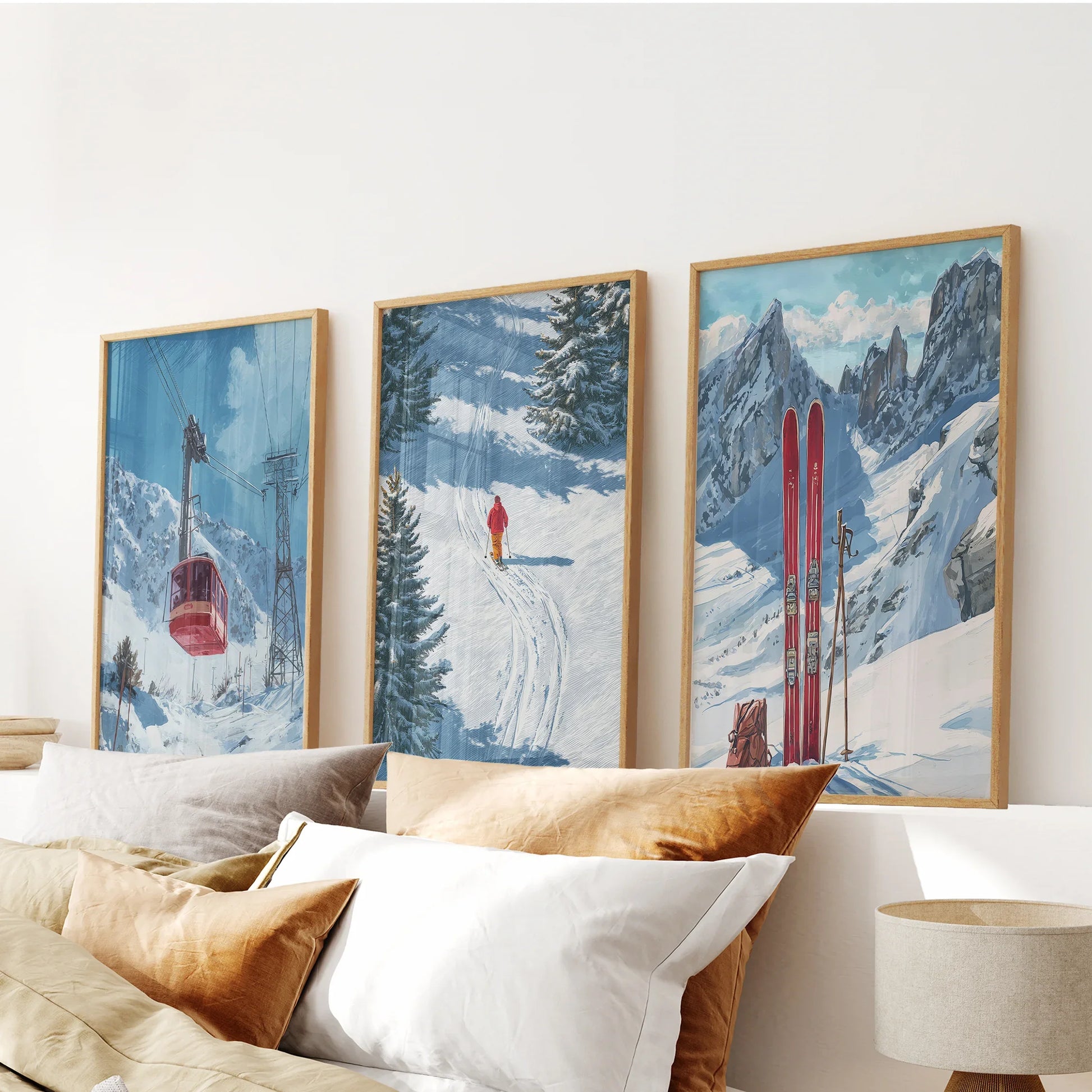 Snowy mountain ski 3 piece wall art set with gondola, skier, and vintage red skis