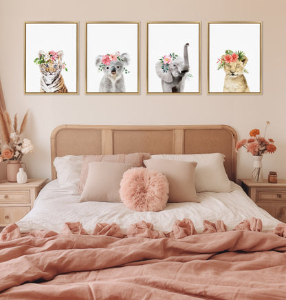 Flower Crown Elephant Framed Canvas Wall Art