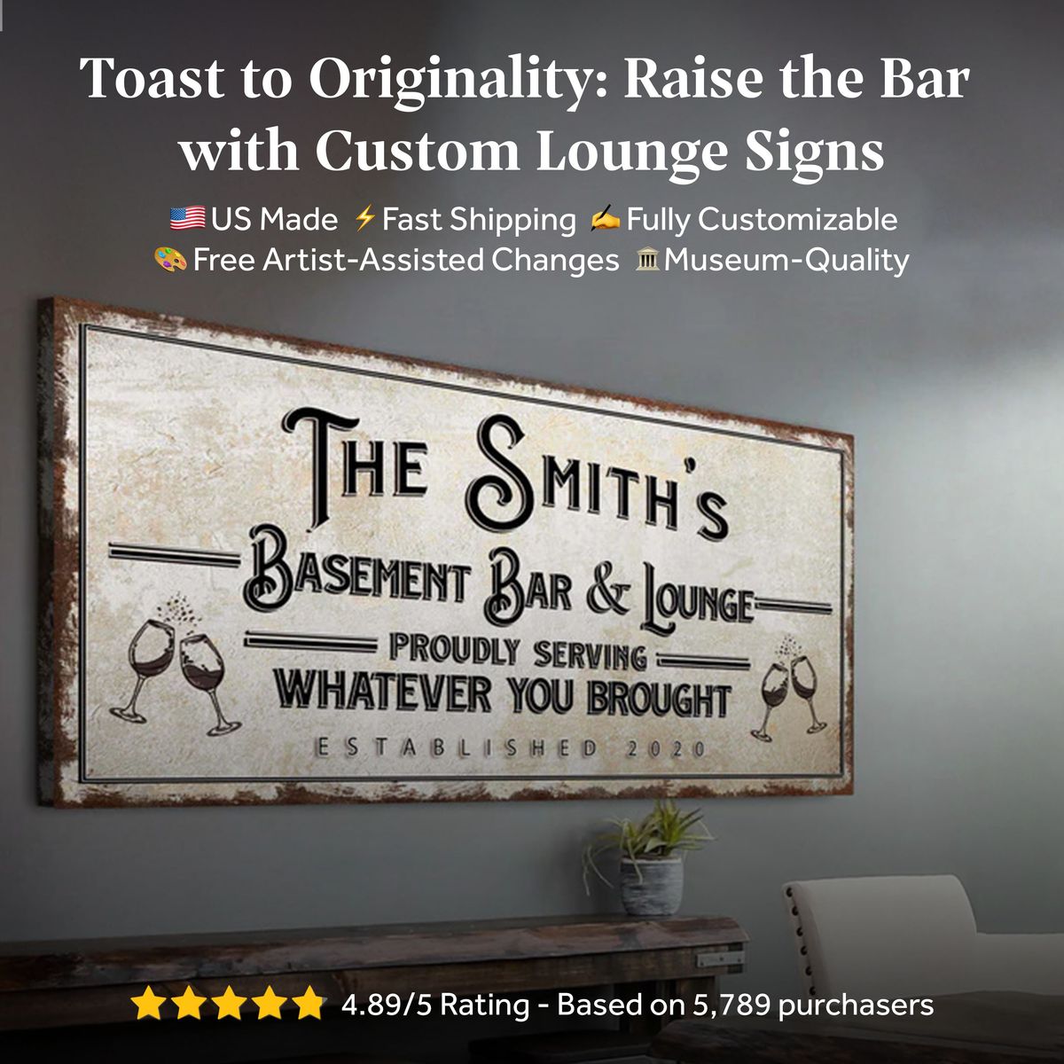 Basement Bar And Lounge Canvas Sign