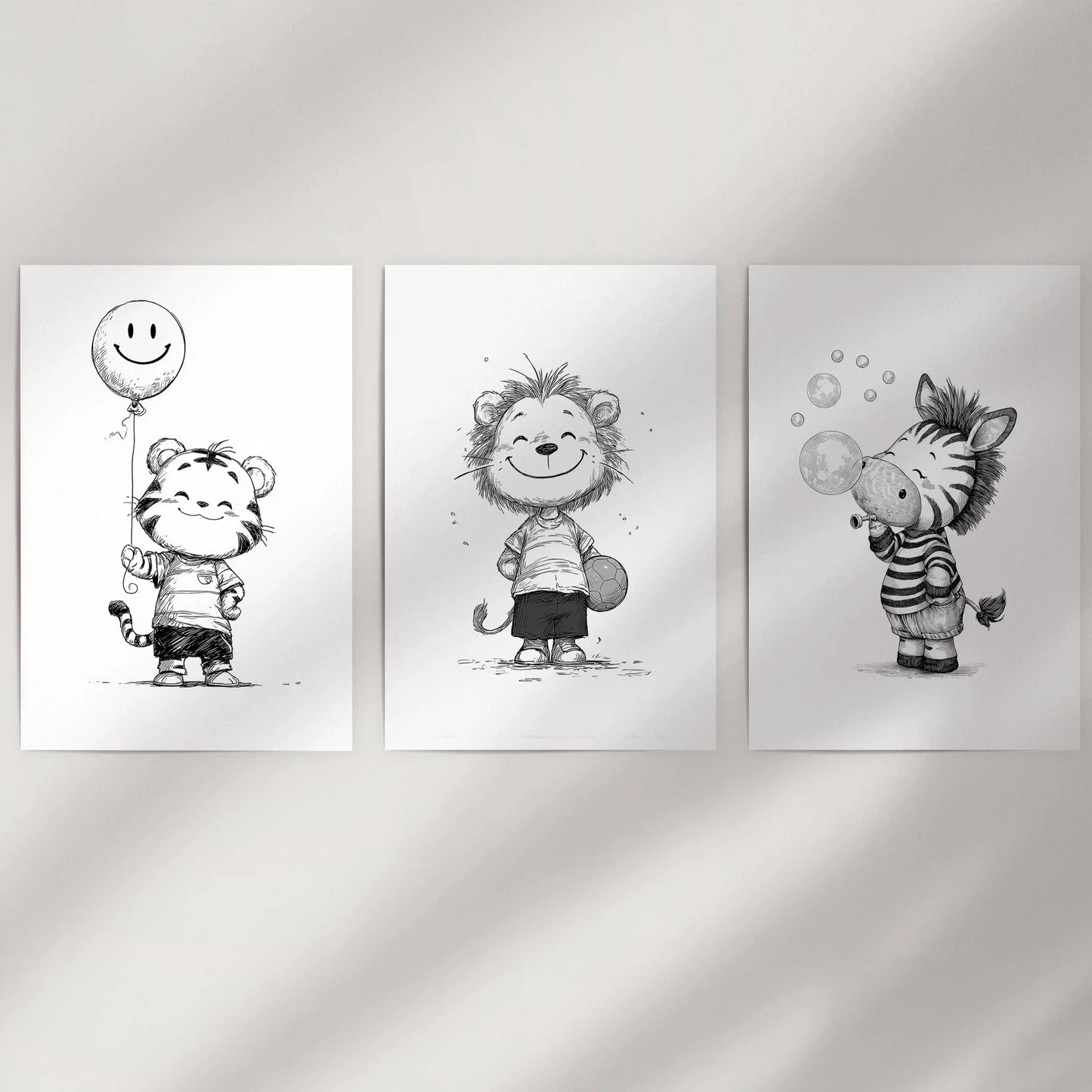 Black and White Safari Nursery Wall Art Set of 3 - Lion, Tiger, Zebra