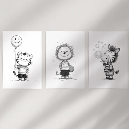 Black and White Safari Nursery Wall Art Set of 3 - Lion, Tiger, Zebra