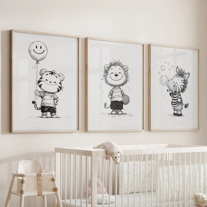 Black and White Safari Nursery Wall Art Set of 3 - Lion, Tiger, Zebra