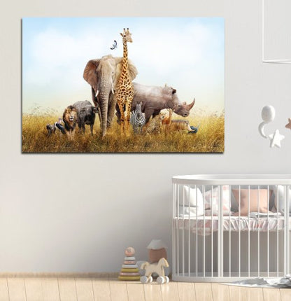 Safari nursery decor canvas wall art with African animal scene