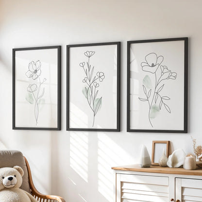 Modern Botanical Line Art Wall Art Set of 3 Floral Prints