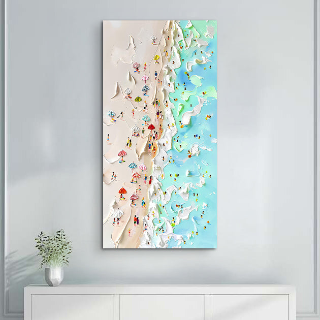 Panoramic beachfront coastal painting — canvas wall art with warm light