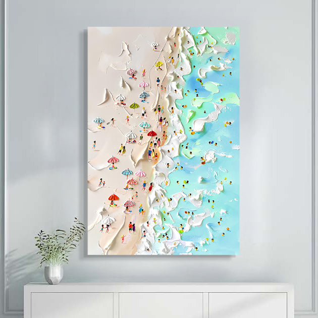 Coastal beachfront painting with rich colors and warm shoreline tones — canvas art