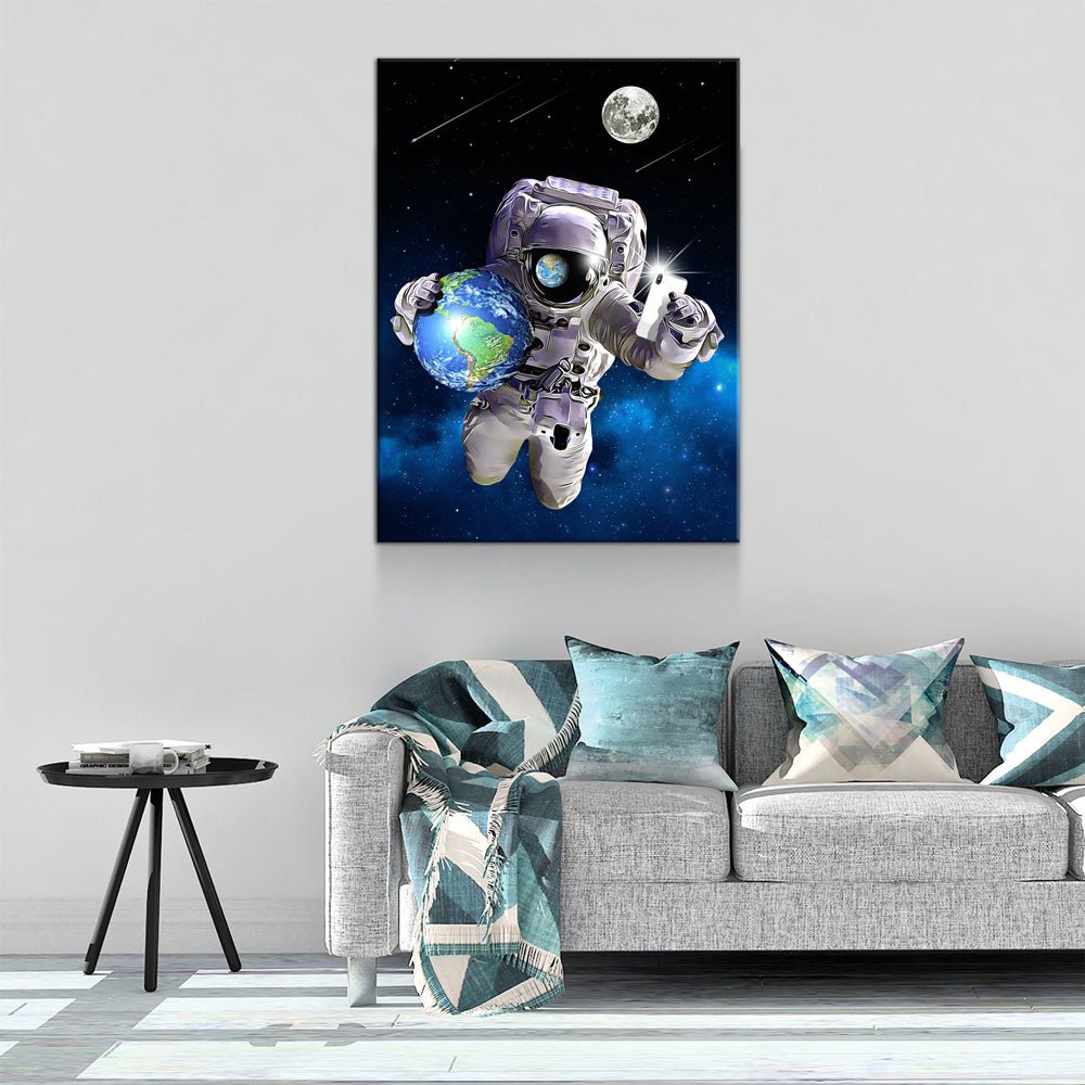 Save The World Selfie Canvas Wall Art - Astronaut Space Decor